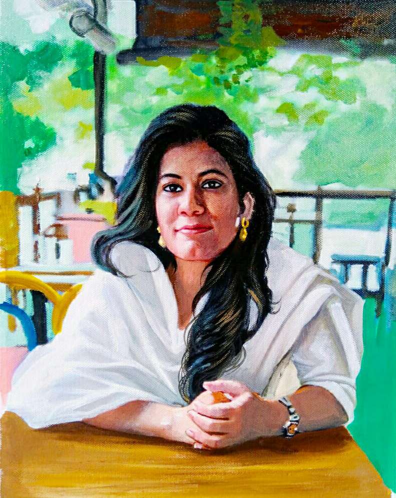 portrait painting of a lady sitting, farewell gift for female colleague, custom artwork, personalized gifts, farewell gift ideas, portrait paintings, unique gifts