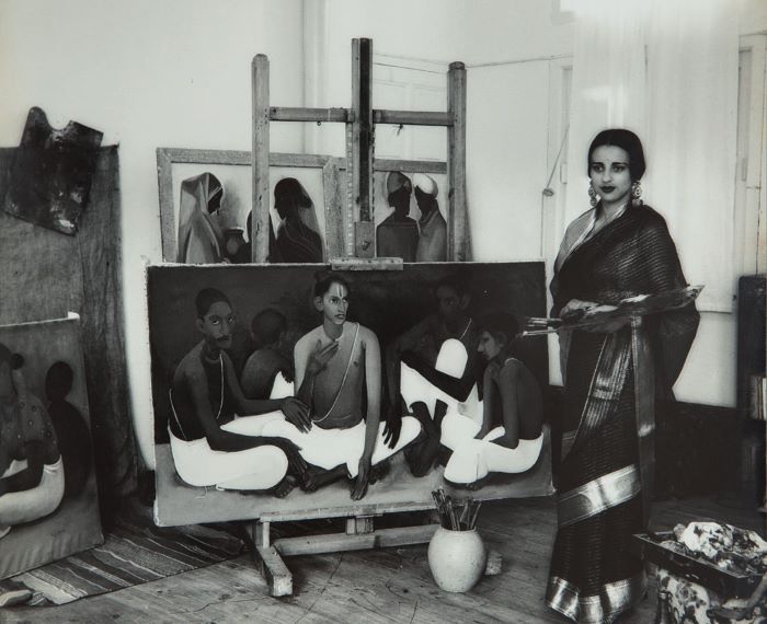 amrita sher-gill in her studio painting the Brahmacharis
