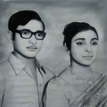 couple painting from photo, black and white painting from old photo, photo to painting, memorial art