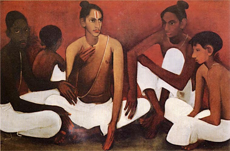 Brahmacharis oil painting by Amrita Sher-Gill 1937, amrita sher-gil painting, primitivism, indian art