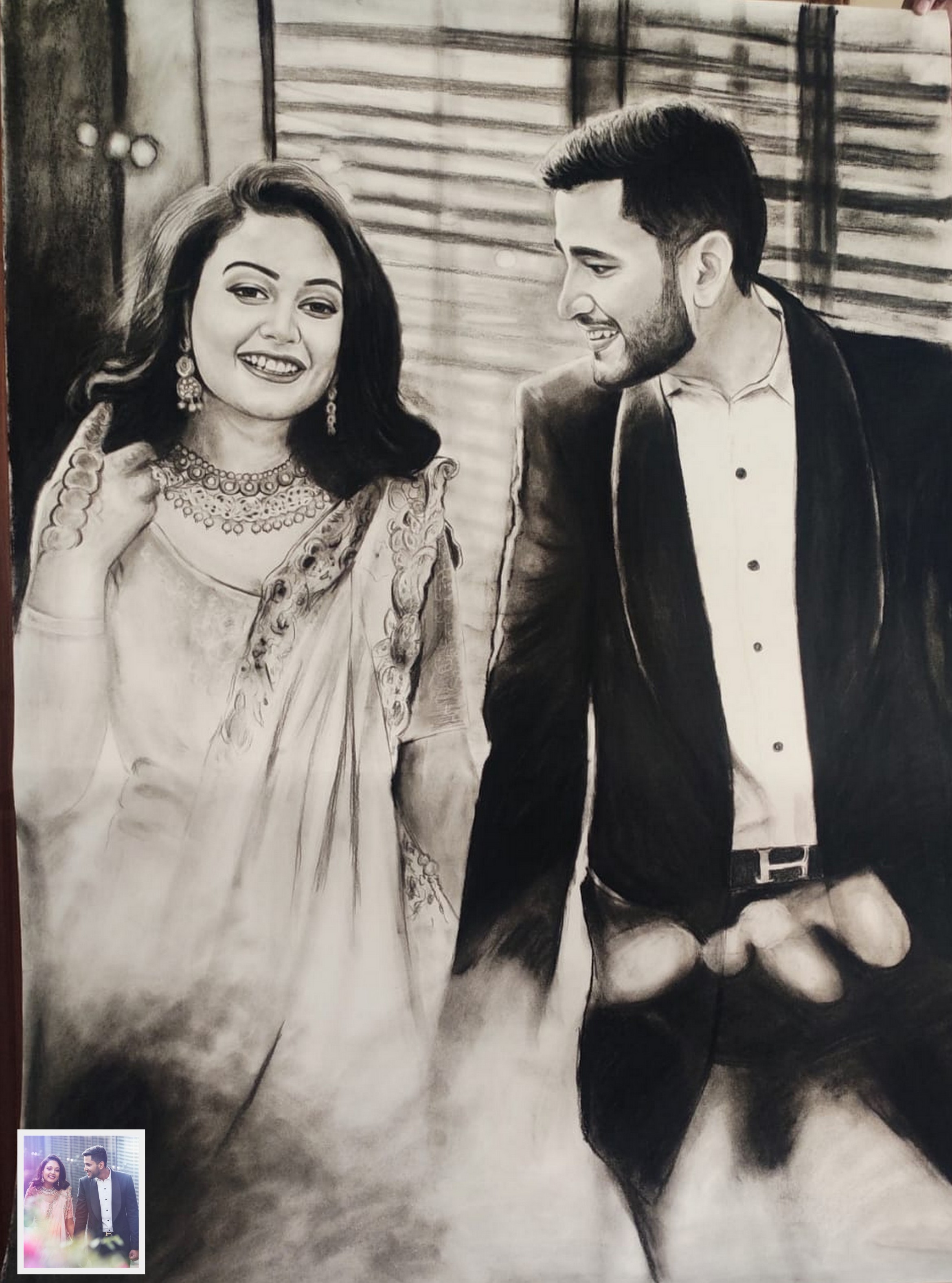 Engagement Gift: Charcoal Portrait Sketch of a Happy young Engaged Couple
