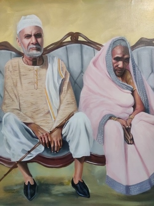 handmade oil painting of dadaji and dadiji sitting in of sofa