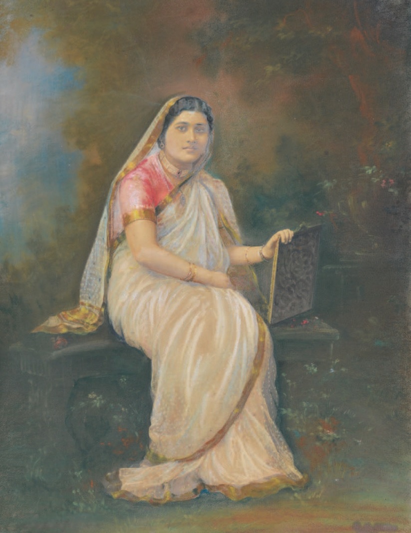 Oil portrait of Lady Holding A Mirror by A. H. M&uuml;ller, image credits The Indian Portrait, Paintphotographs.com