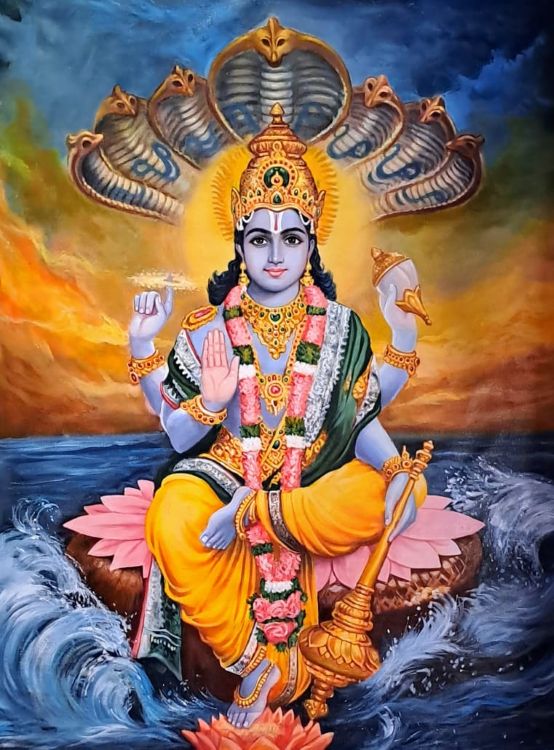 vishnu painting. Vishnu painting seated, Puja room decore, seated vishnu painting