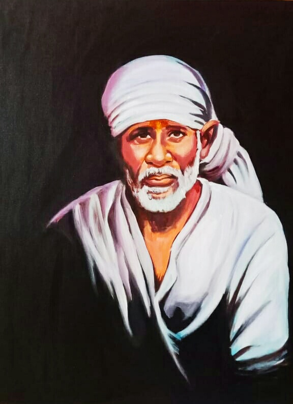 Saibaba Portrait, Saibaba painting, Saibaba in black background