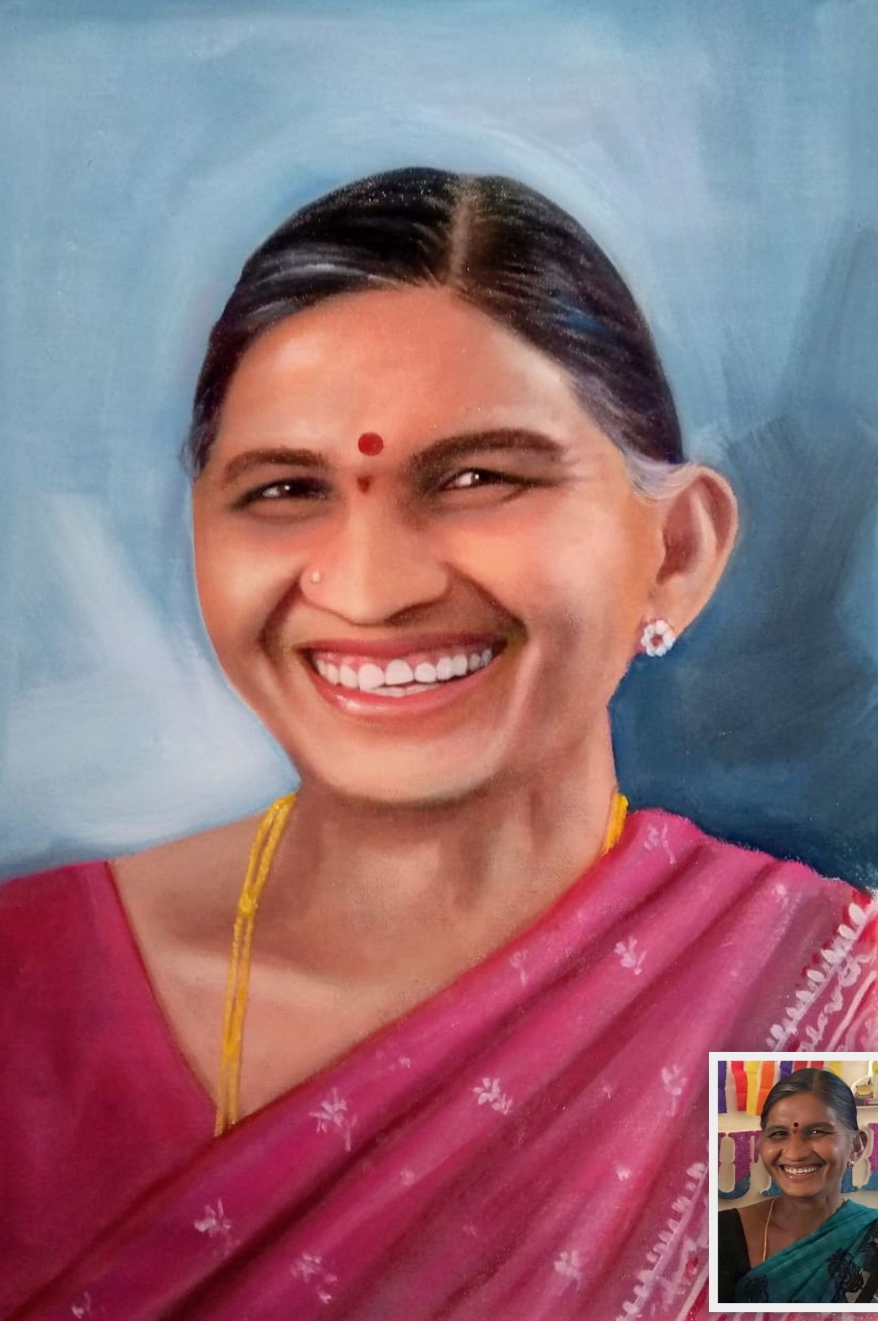 Oil painting of a lady wearing pink saree