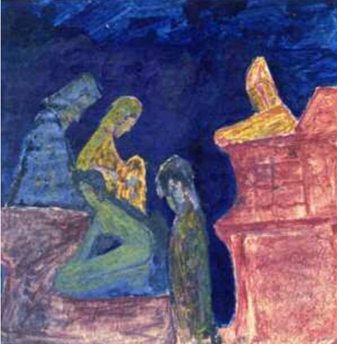 rabindranath  tagore  untitled  cowering  nude  woman  1934  coloured  ink  and  wash  on  paper