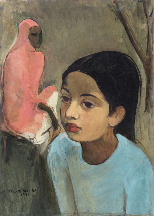 The Little Girl in Blue oil on canvas by Amrita Sher-Gil 1934, portrait painting by Amrita Sher-Gil 