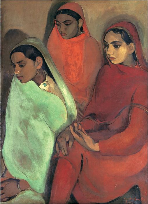 Three Grls oil painting by Amrita-Sher-Gil 1935, Amrita Sher-Gil art, Indian woman artist