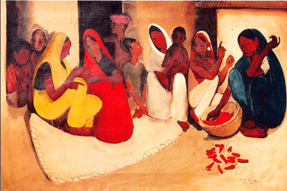 Village Scene oil painting by Amrita Sher-Gil 1938, primitivism, Indian art, modernism